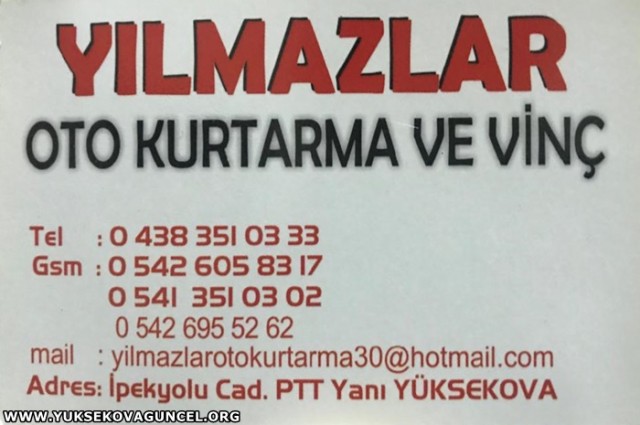 YILMAZLAR - OTO KURTARMA VE VİNÇ

Tüm halkımızın Ramazan Bayramı’nı kutlar, bu ramazan bayramının barışa vesile olması ve kardeşliği pekiştirmesi dileği ile. Nice bayramlara Kaynak: Yüksekova Bayram Mesajları