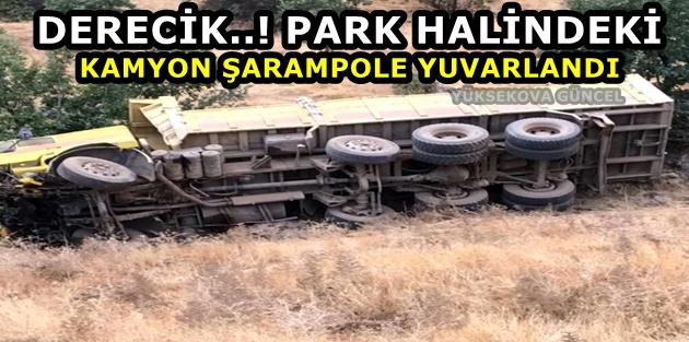 Derecik..! Park halindeki kamyon şarampole yuvarlandı